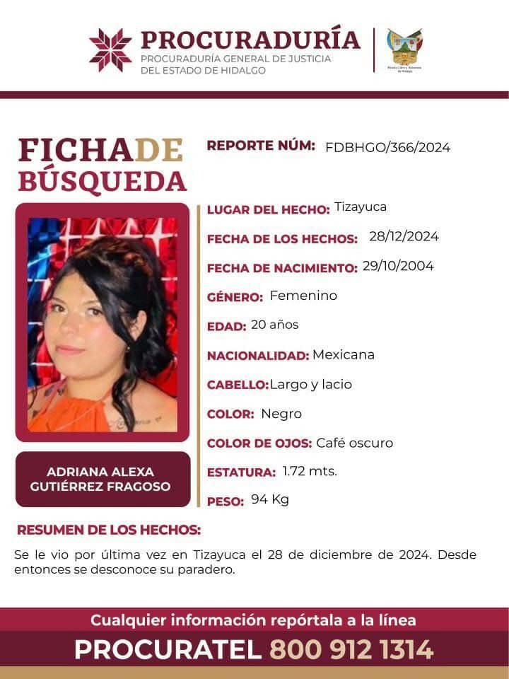 La PGJ de Hidalgo emite ficha de búsqueda para localizar a Alexa Gutiérrez, a quien se le vio por última vez en&nbsp;Tizayuca.
