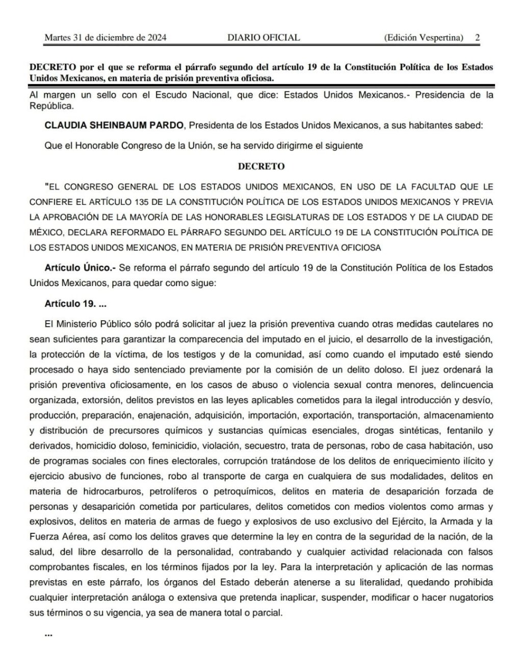 Entra en vigor reforma constitucional en materia de prisión preventiva&nbsp;oficiosa.