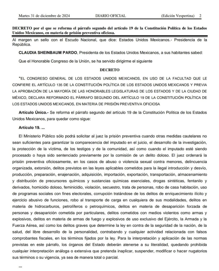 Entra en vigor reforma constitucional en materia de prisión preventiva&nbsp;oficiosa.